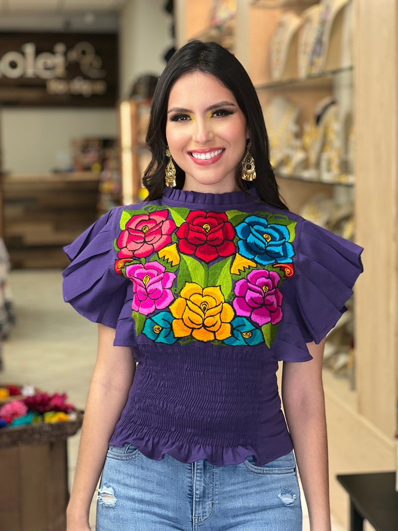 Floral Embroidered Butterfly Sleeve Top. Mexican Embroidered Etsy