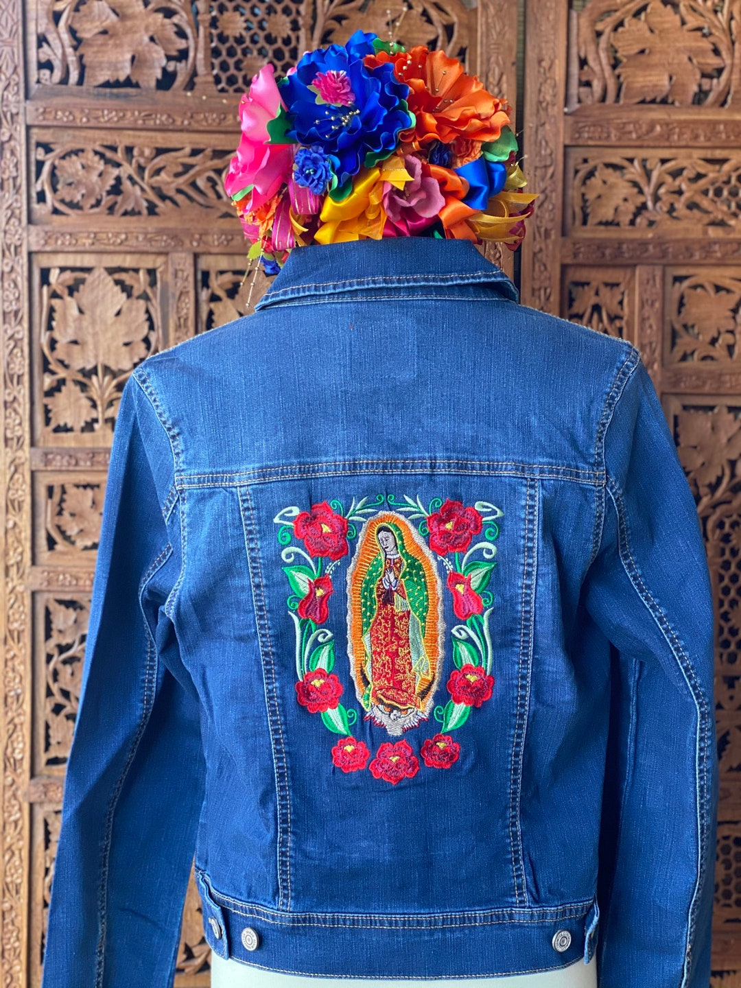 Lady of Guadalupe Virgin Embroidered Jacket. Mexican Embroidered Jean