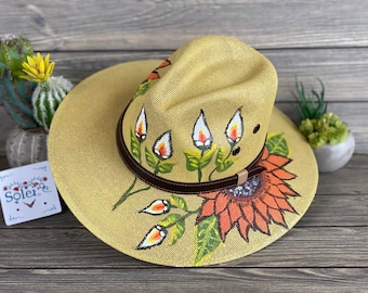 Hand Painted Sunflower Hat. Mexican Artisanal Hat. Mexican Floral Hat. Traditional Mexican Hat. Floral Painted Sombrero. Mexican Sombrero.