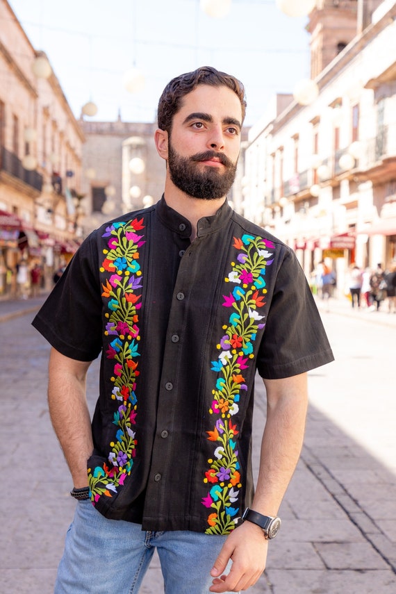 Sanción escalera mecánica Sábana Guayabera Mexicana Bordado Floral. Camisa Tradicional de Manta - Etsy México