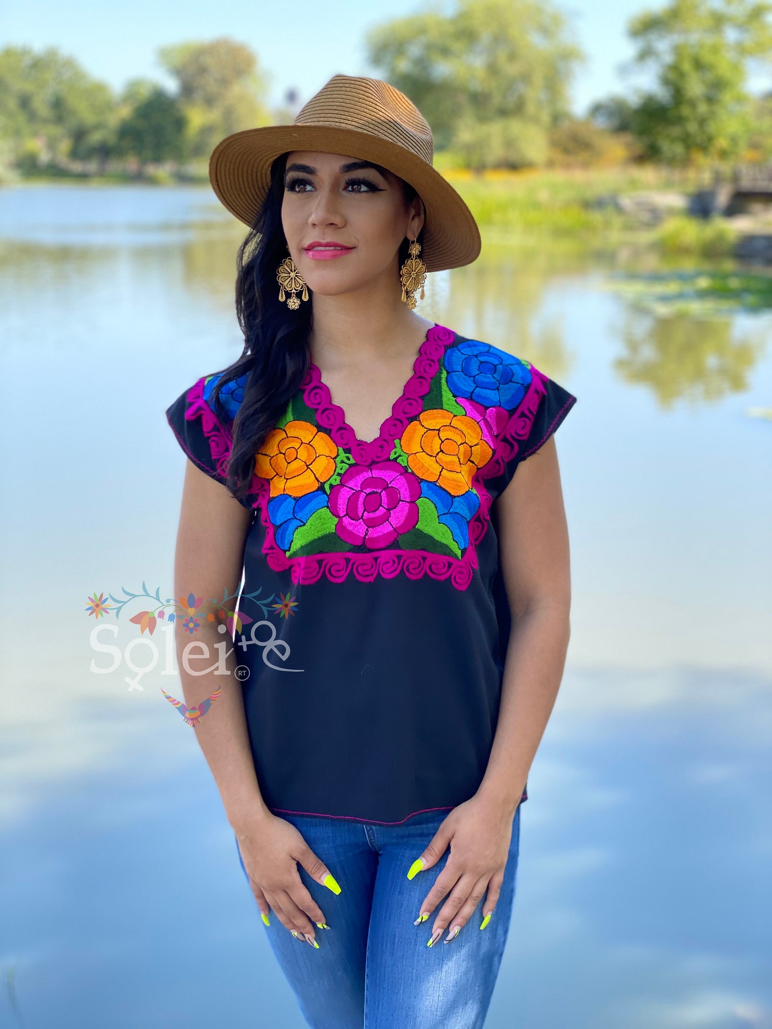 Mexican Embroidered Top With Decorated Collar. BLACK Floral - Etsy