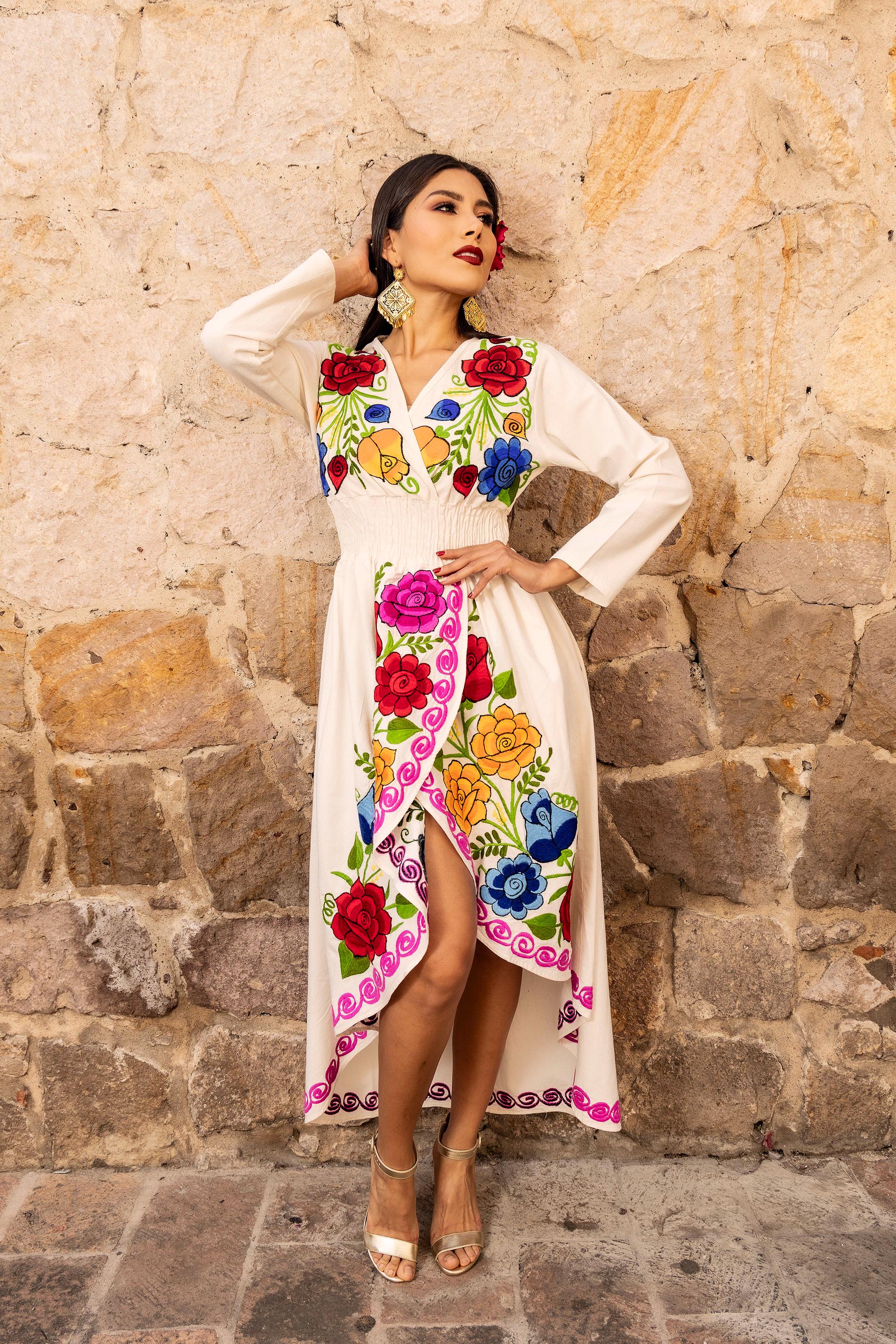 Mexican Embroidered Dress Floral Dress Cute Mexican Style Dresses Mexican  Asymmetrical Size S Floral Embroidered Traditional