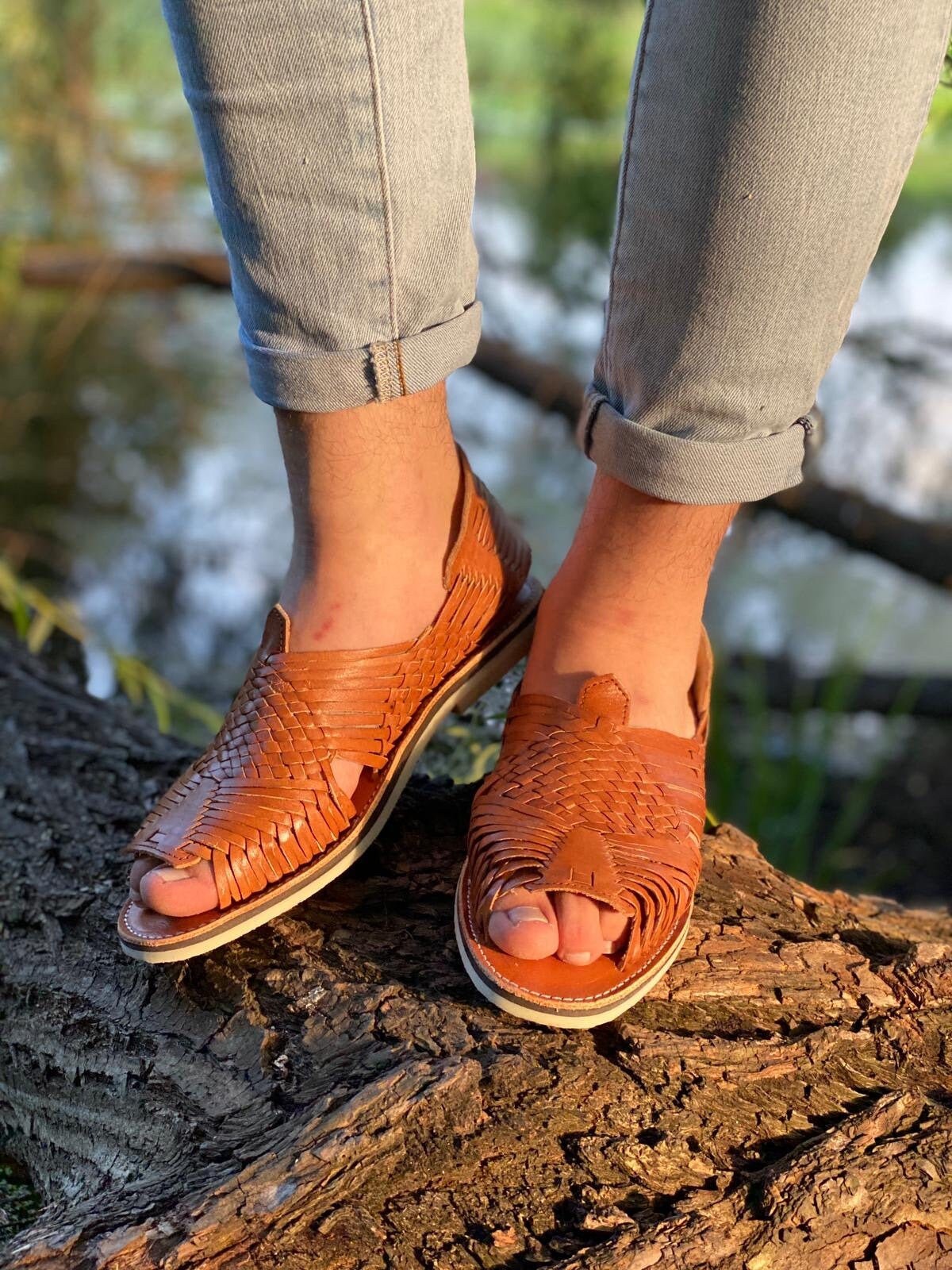 Men's Handcrafted Mexican Leather Two-Strap Sandals - Piteado Bordado, Genuine Leather (Size M)