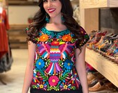 Ethnic Style Embroidered Mexican Bird Blouse. Otomi Top. Colorful Mexican Blouse. Floral Embroidered Blouse. Traditional Mexican Shirt.