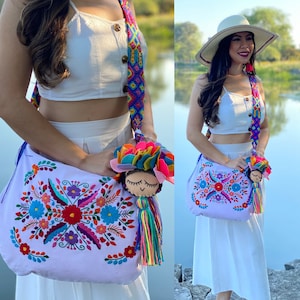 Traditional Embroidered Bag with Tassels. Mexican Morral Bag. Hand Embroidered Floral Bag.Hand Knit Strap. Colorful Mexican Bag.Floral Purse