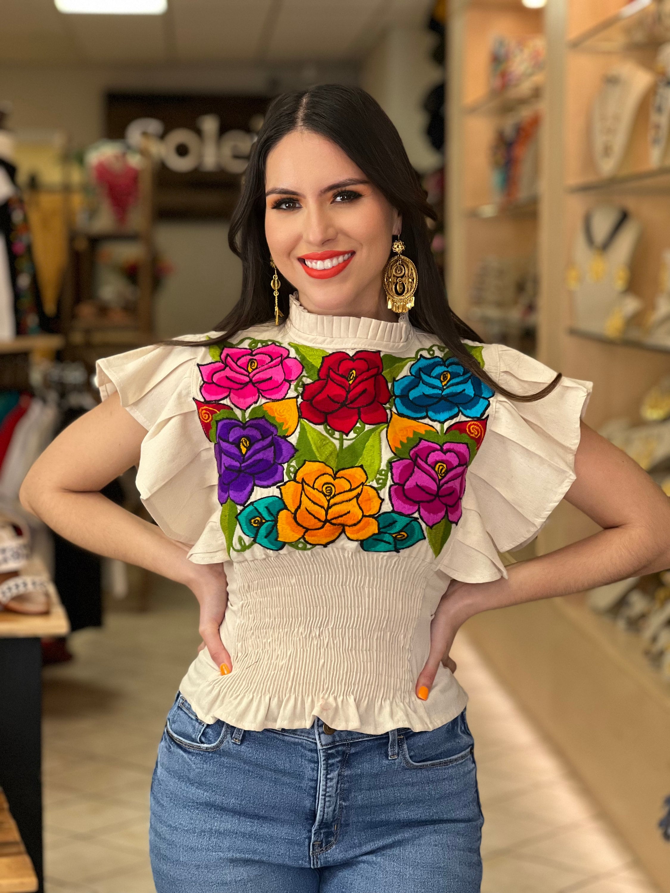 Floral Embroidered Butterfly Sleeve Top. Mexican Embroidered