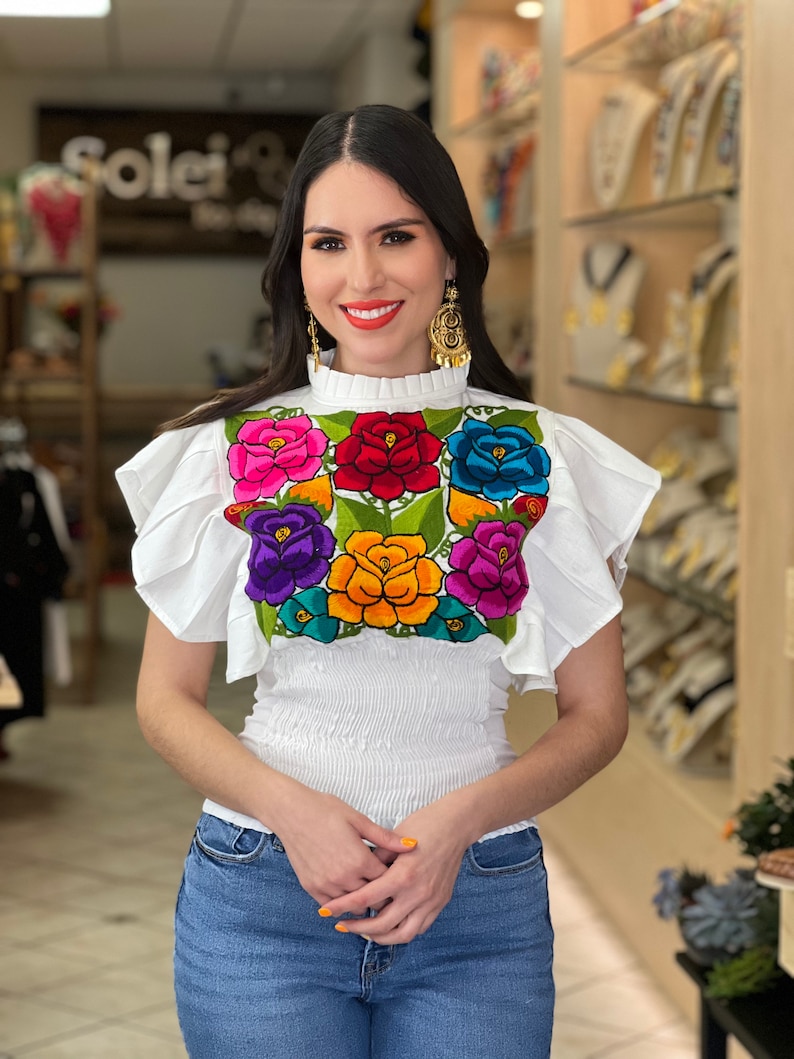 Floral Embroidered Butterfly Sleeve Top. Mexican Embroidered Etsy