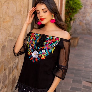 Floral Embroidered Mexican Blouse. Size S - 3X. Mesh Sleeve Blouse. Typical Mexican Top. Bell Sleeve Blouse. Off the Shoulder Top.