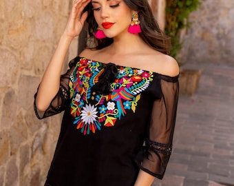 Floral Embroidered Mexican Blouse. Size S - 3X. Mesh Sleeve Blouse. Typical Mexican Top. Bell Sleeve Blouse. Off the Shoulder Top.