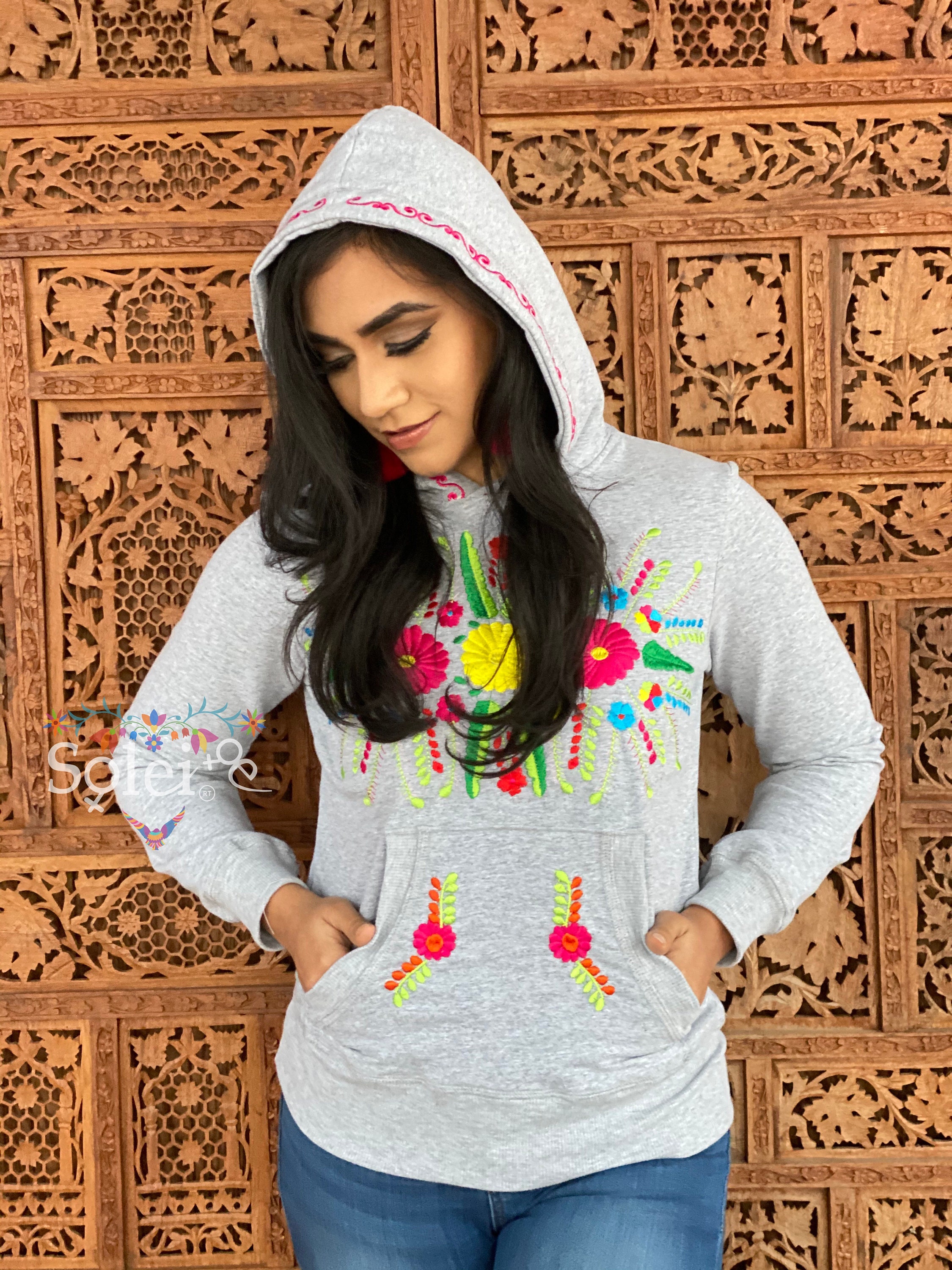 YZXDORWJ Women's Mexican Embroidered Hoodie - Floral Pullover Jacket, 100% Cotton, Loose Fit - View #3