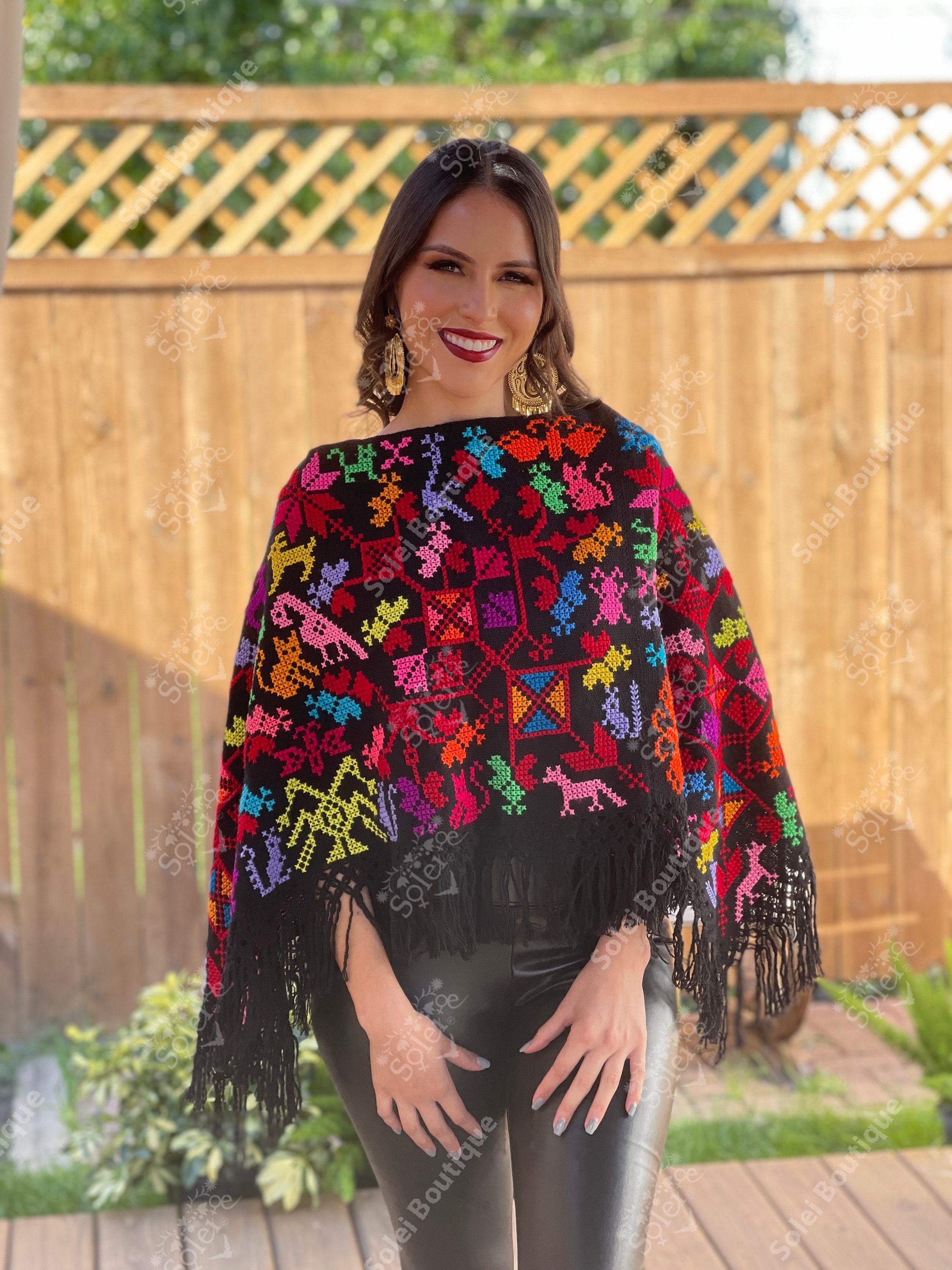 Hand Embroidered Mexican Poncho. Artisanal Mexican Poncho. Mexican Multicolor Poncho. Traditional Mexican Poncho. Mexican Sweater Poncho