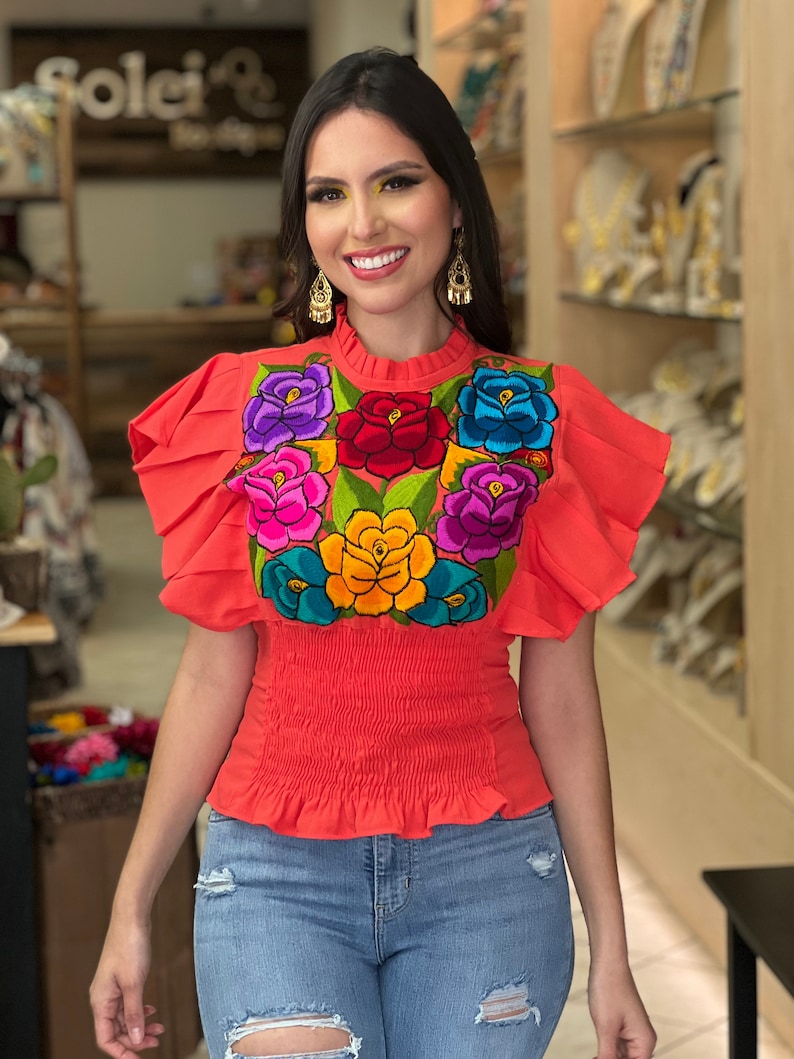 Floral Embroidered Butterfly Sleeve Top. Mexican Embroidered Etsy