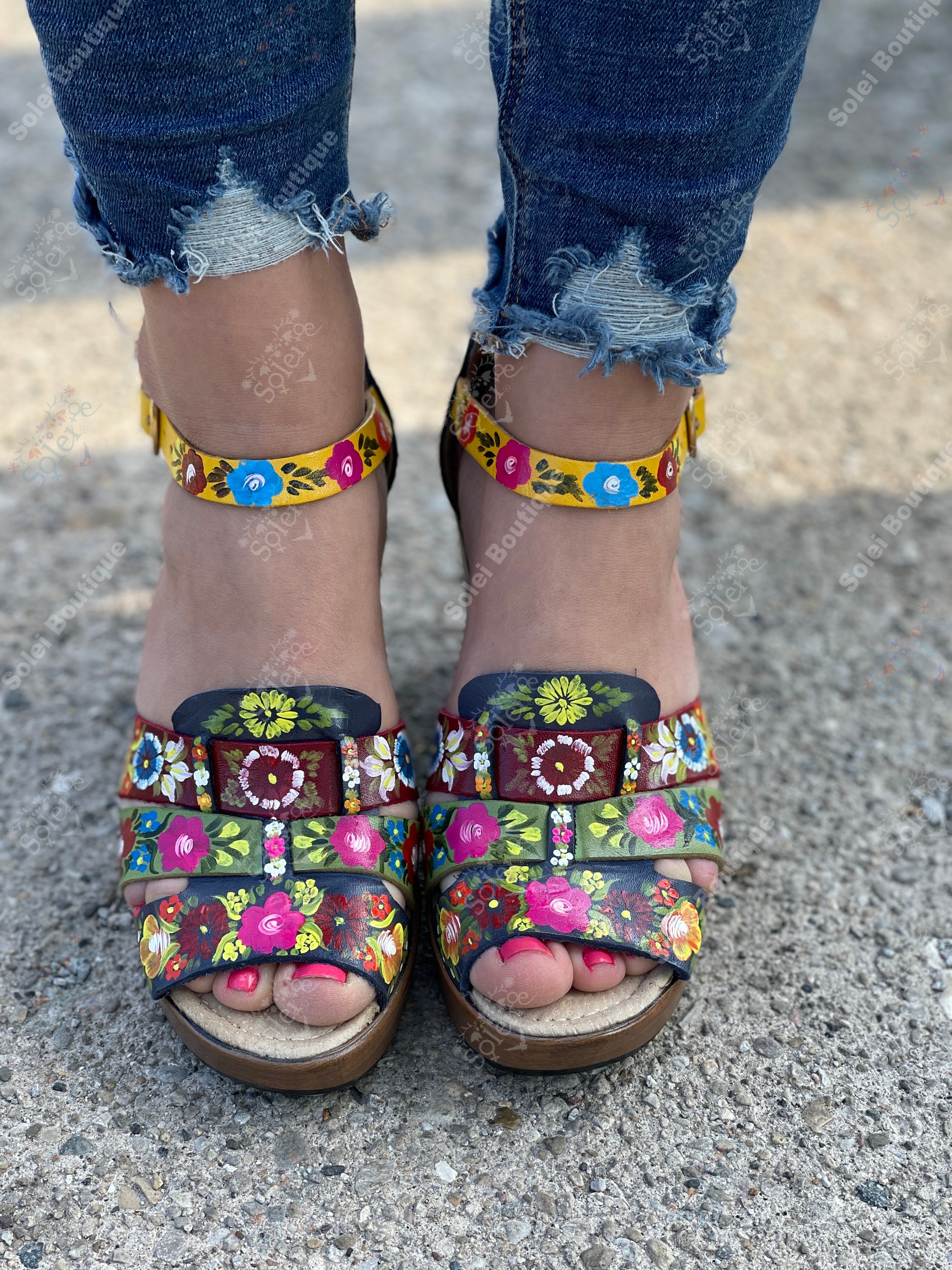 Hand Painted Mexican Leather Heels. Premium Mexican Block | Etsy