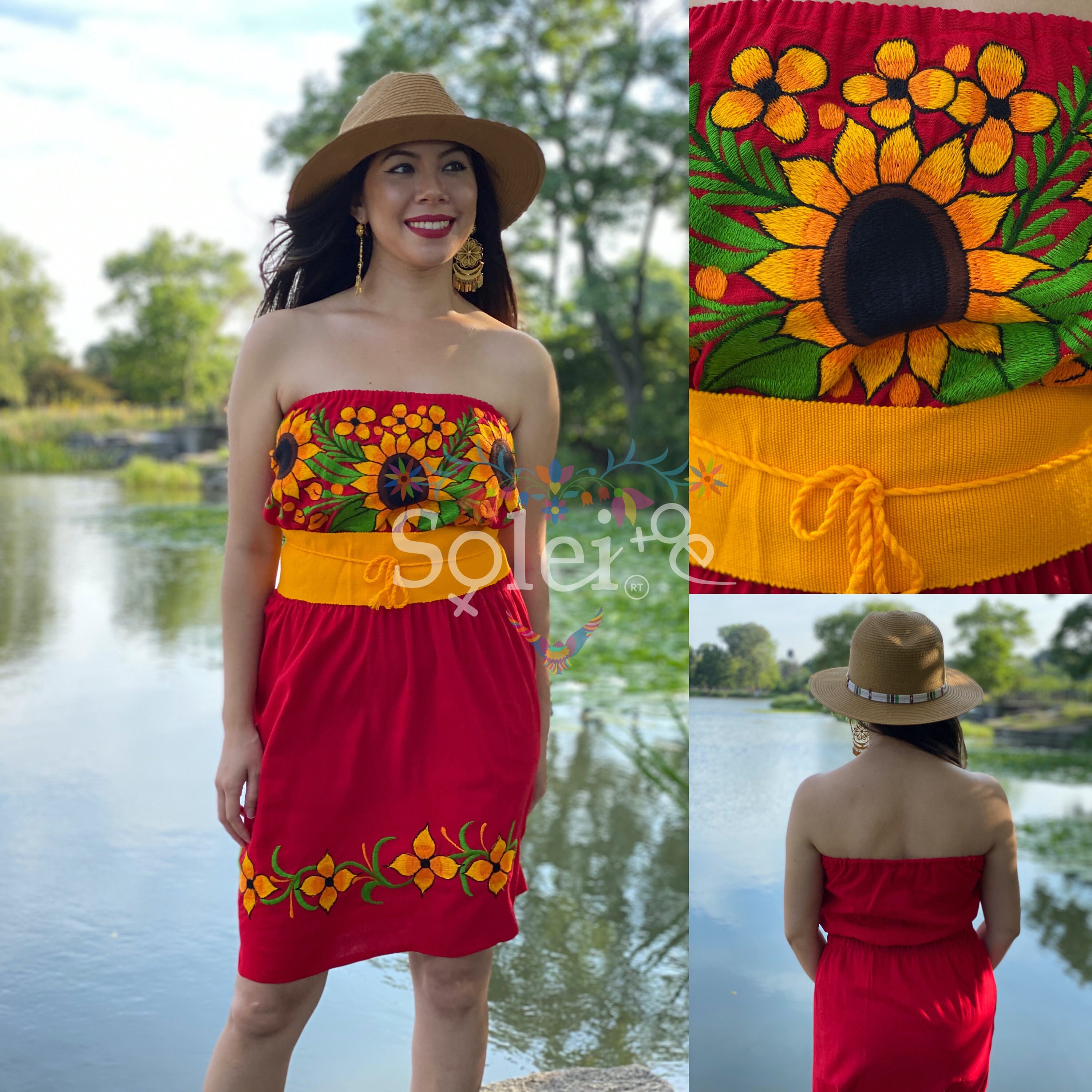 Sunflower Embroidered Mexican Dress.floral Strapless Dress