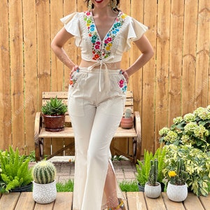 Mexican Two Piece Jumpsuit. Ruffle Sleeve Top. Hand Embroidered Floral Jumpsuit. Mexican 2 Piece High Waisted Jumpsuit. Split Leg Pantsuit.