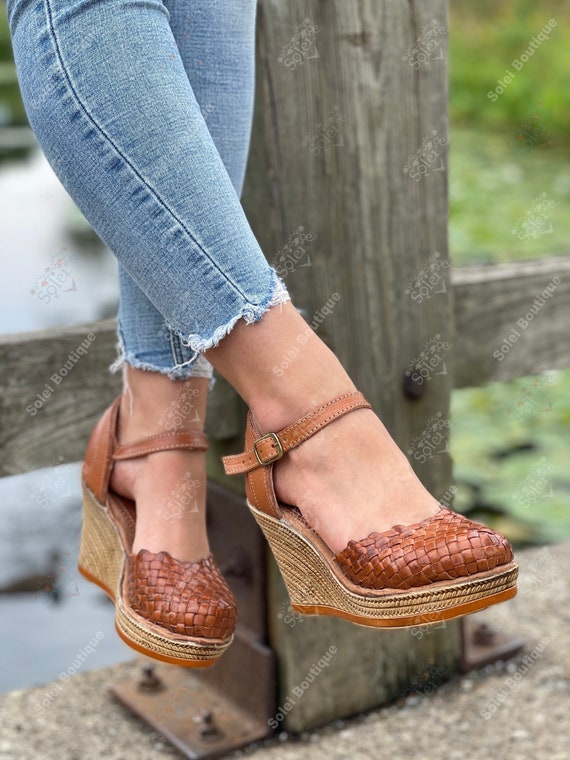 Mexican Leather Wedge Heels. All Sizes Boho-hippie Vintage