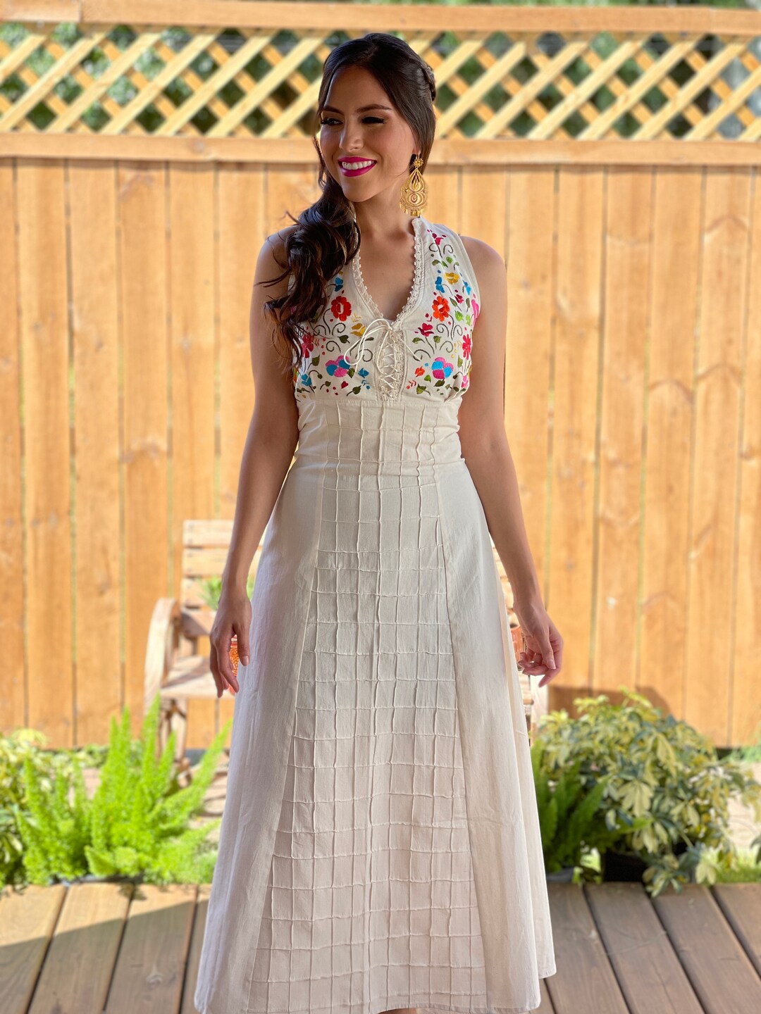 Mexican Wedding Dress. Hand Embroidered Halter Dress. Traditional 