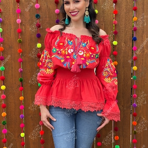 Floral Embroidered Mexican Blouse. Size S 2X. Floral Long Sleeve Blouse with Lace. Mexican Artisanal Top. Off the Shoulder blouse. Coral