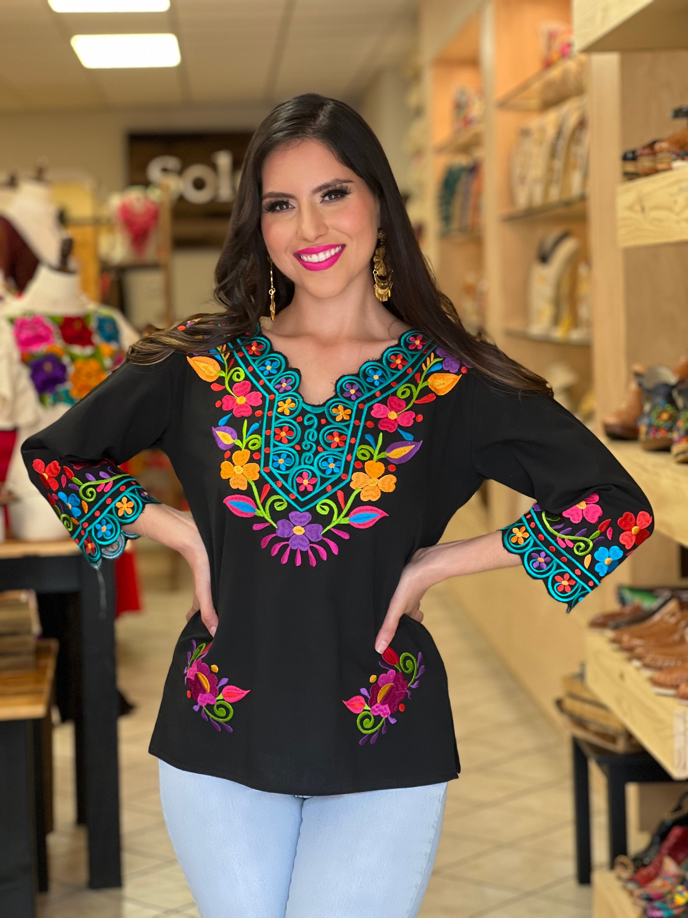 Mexican Floral Embroidered Blouse. Size S - 3X. Colorful Floral