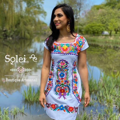 Mexican White Colorful Embroidered Dress. Size S 3X. - Etsy