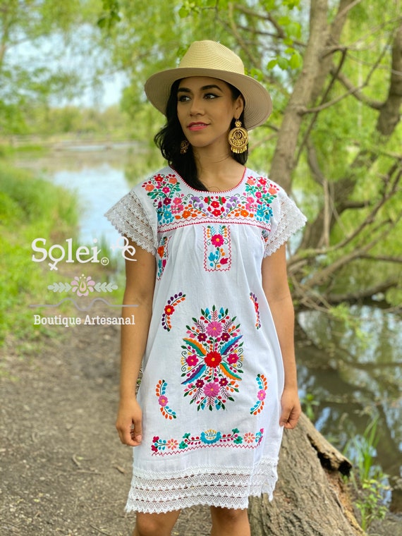 Mexican Floral Dress. Hand Embroidered 