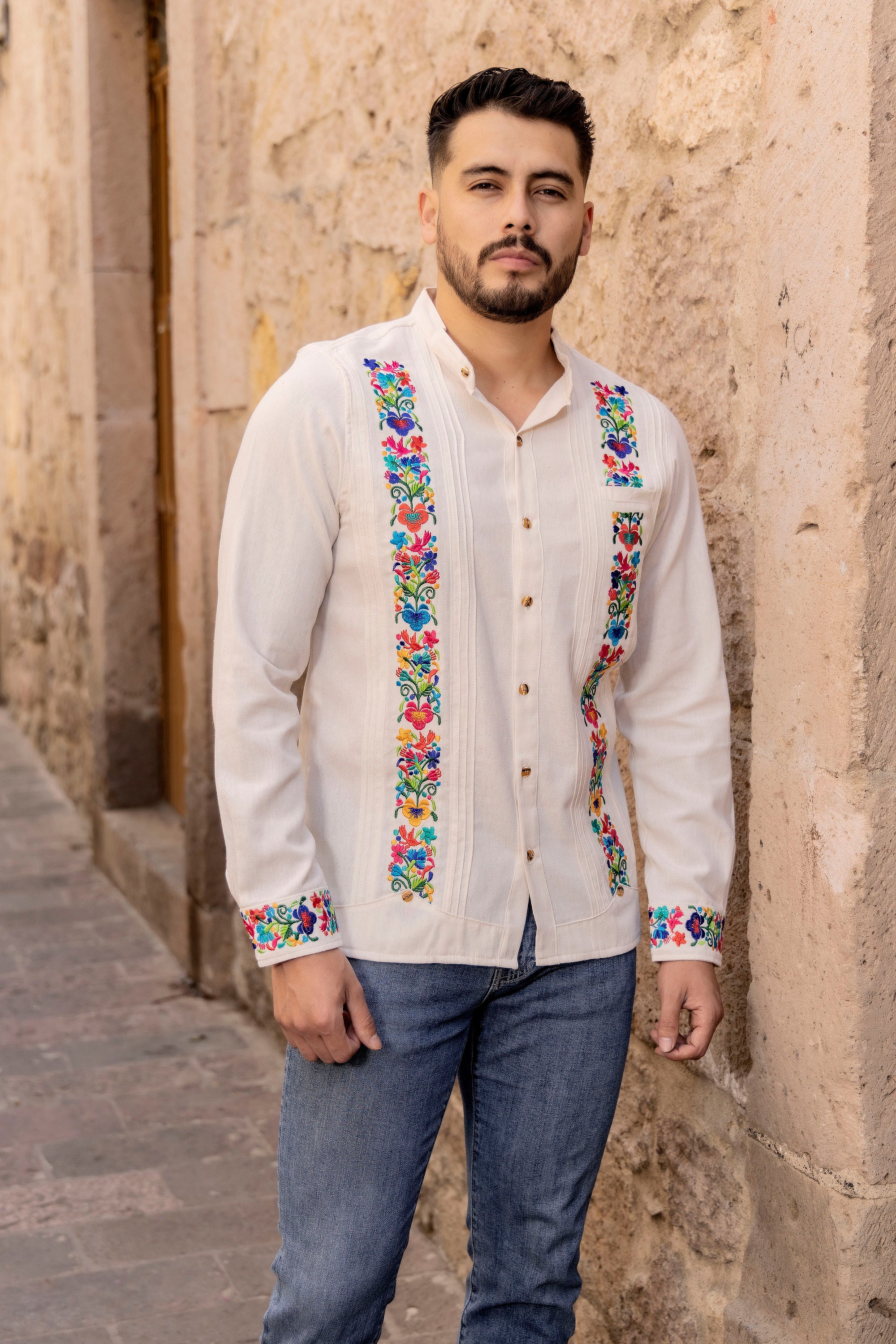 アンティーク ビンテージ 80s メキシコ 花柄 刺繍 透 ガウン シャツ 美品 メンズ メキシコ伝統シャツ。花柄刺繍入りグアヤベラ。フォーマルな