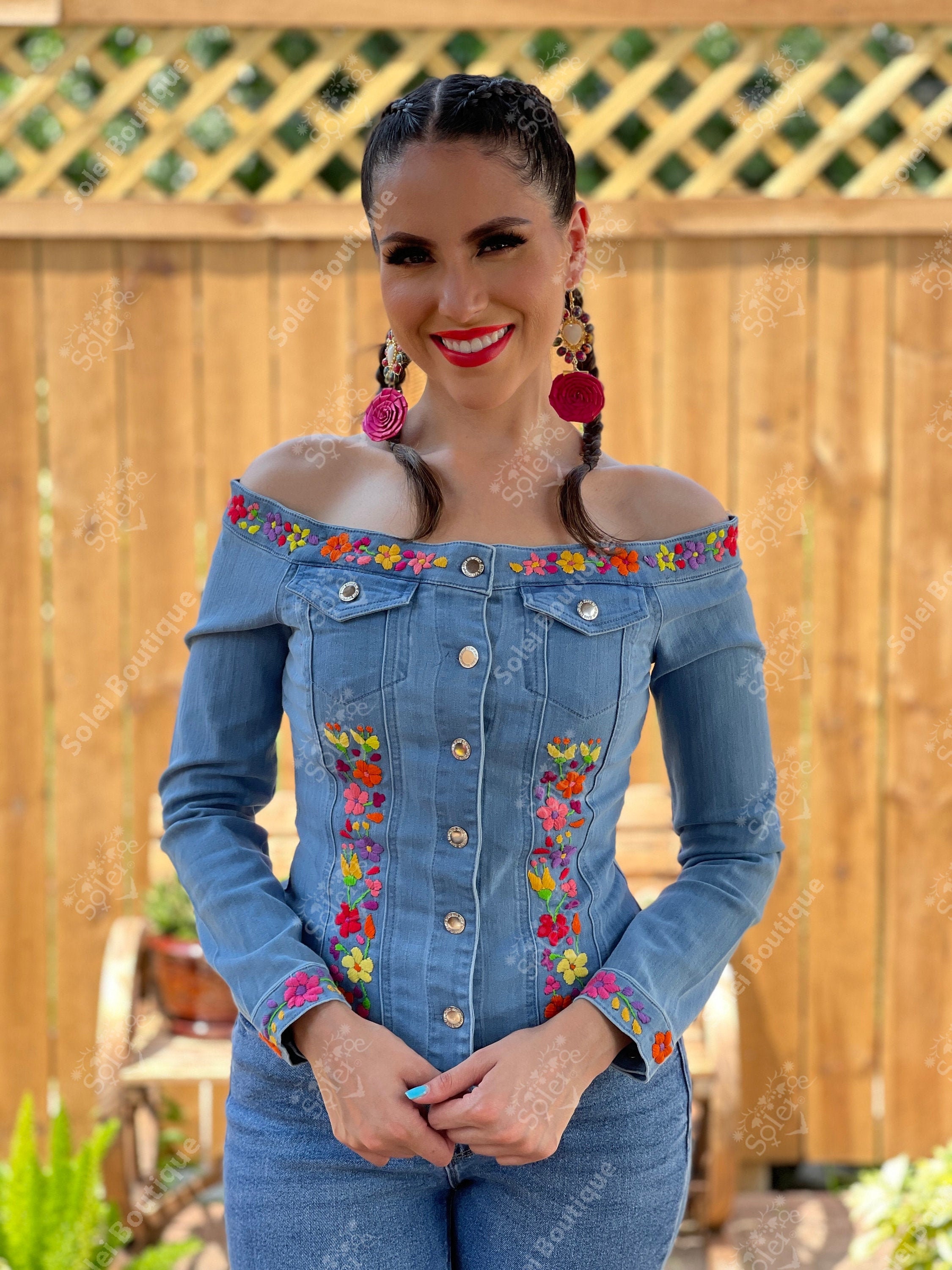 Floral Embroidered Denim Top. Mexican 