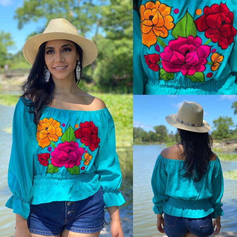 Hippie-Boho. Off the Shoulder Top Traditional Mexican Blouse Bell Sleeve Mexican Blouse Floral Embroidered Blouse Mexican Floral Blouse
