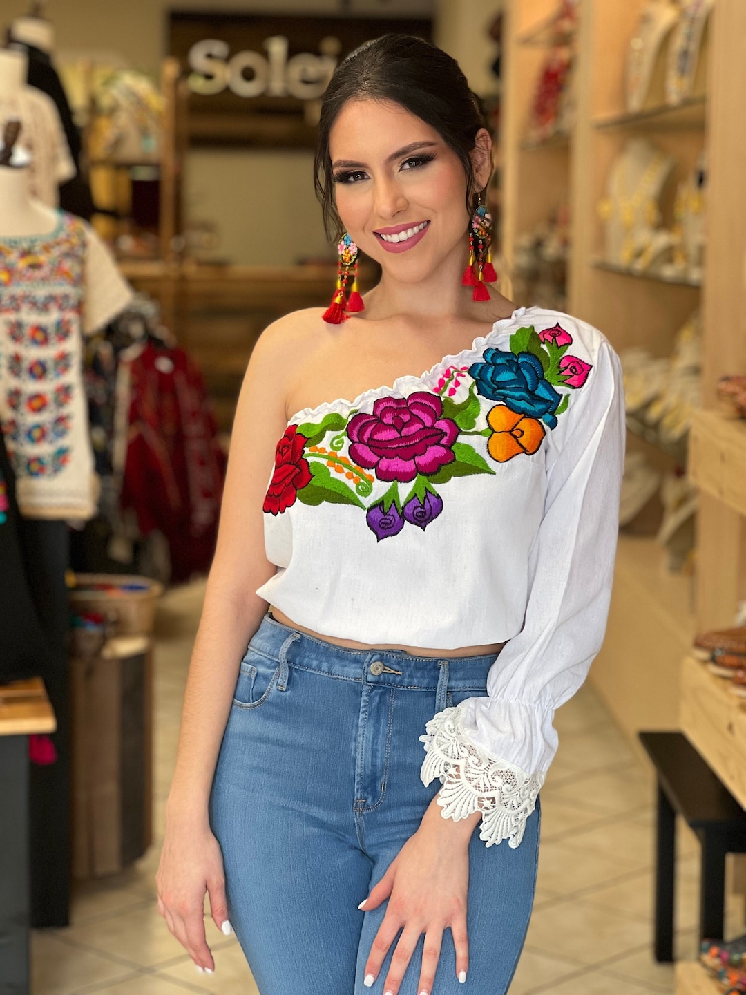 Floral One Shoulder Crop Top. Mexican Embroidered Floral Top. - Etsy