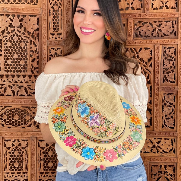 Mexican Artisanal Hat. Hand Painted Hat. Colorful Floral Hat. Traditional Mexican Hat. Floral Painted Sombrero. Mexican Sombrero.