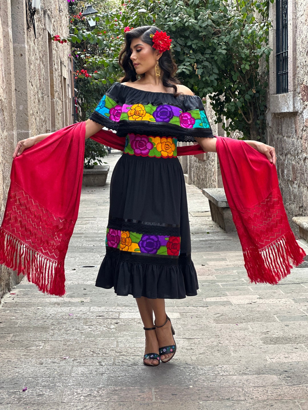 Mexican Traditional Dress. Floral Embroidered Dress. Mexican Fiesta Dress. Lace Trim off the Shoulder Dress. Etsy Canada