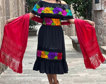 Mexican Traditional Dress. Floral Embroidered Dress. Mexican Fiesta Dress. Lace Trim Off the Shoulder Dress.