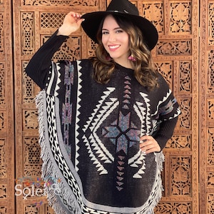 Poncho Artesanal Mexicano. Poncho Mexicano con Mangas.Capa Mexicano Multicolor. Capa Artesanal Tejido.Poncho Típico Mexicano.Suéter Mexicano