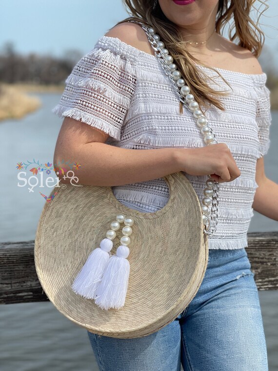 Bolsa Mexicana De Palma. Bolsa Redonda Tejida De Palma. Bolsa Artesanal Tejido a Mano. Bolsa estilo Boho Hippie. Bolsa Redonda con Cadena