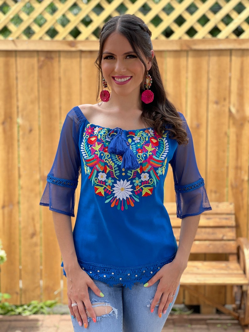 Floral Embroidered Mexican Blouse. Size S 3X. Mesh Sleeve - Etsy