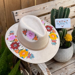 Mexican Suede Hand Painted Hat. Floral Artisanal Hat. Mexican Hat For Women. Elegant Mexican Hat. Mexican Fedora.