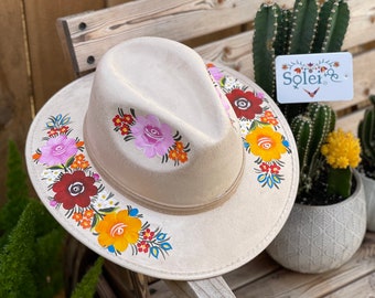 Mexican Suede Hand Painted Hat. Floral Artisanal Hat. Mexican Hat For Women. Elegant Mexican Hat. Mexican Fedora.