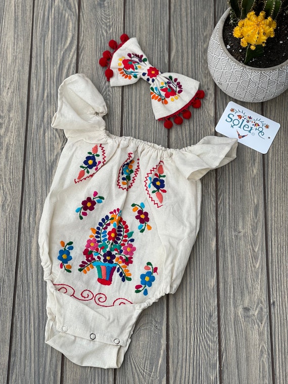 Mexican Traditional Baby Bodysuit. Floral Hand Embroidered