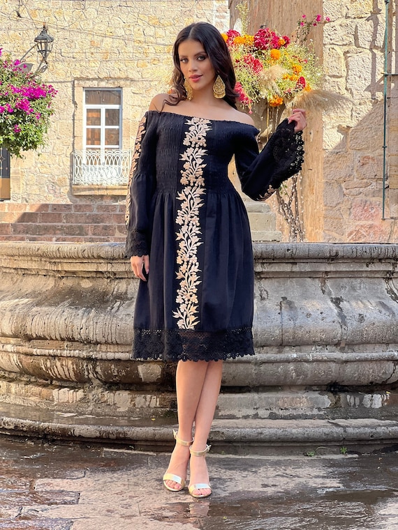 Floral Embroidered Bell Sleeve Dress. Traditional Mexican Dress. Typical Mexican Dress. Ethnic Style Dress. Boho Hippie Style Dress. Etsy Canada