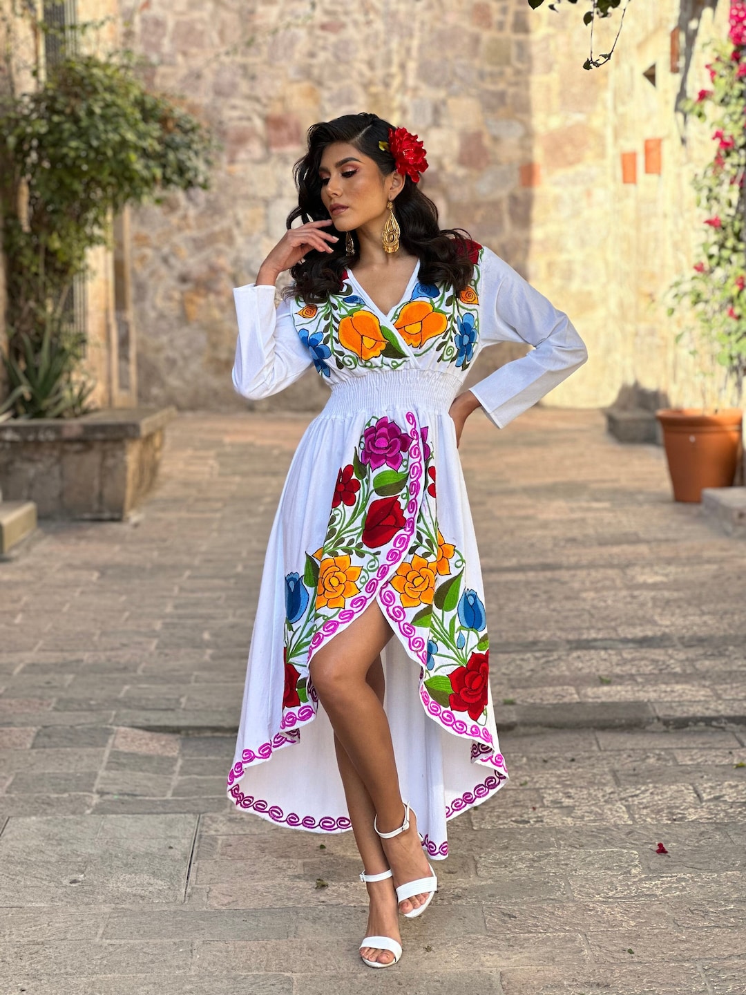 Mexican Asymmetrical Dress Size S XL Floral Embroidered Dress 