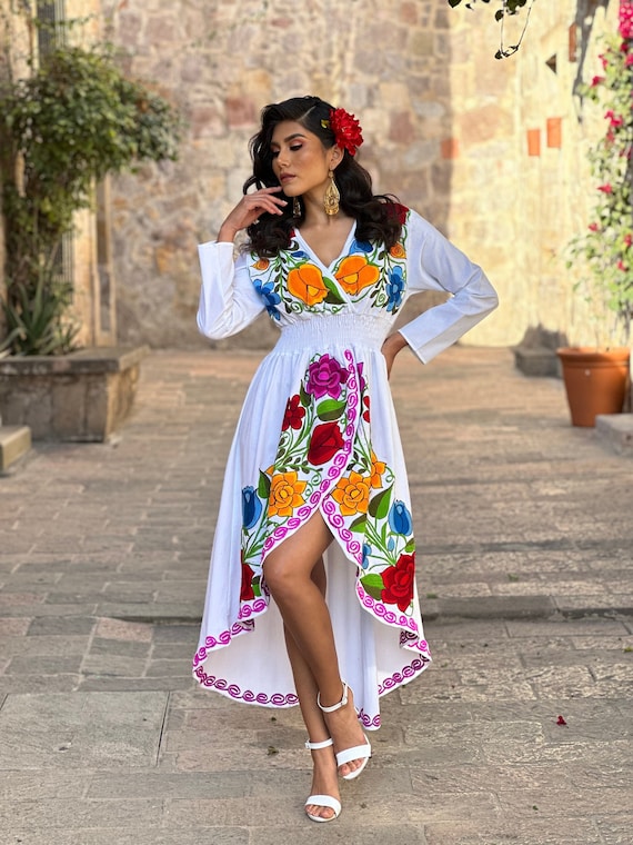 Mexican Asymmetrical Dress. Size S XL. Floral Embroidered Dress