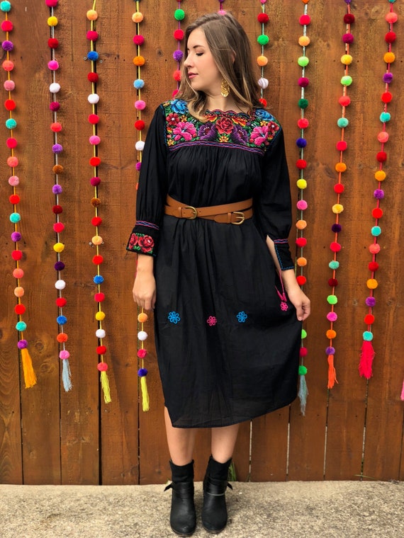  Authentic Mexican Embroidered Dress from Mexico womens vestidos  bordados mexicanos huipil black colorful dress vestidos long traditional  bordados Dress Short Sleeve (M, Black and Colors) : Handmade Products