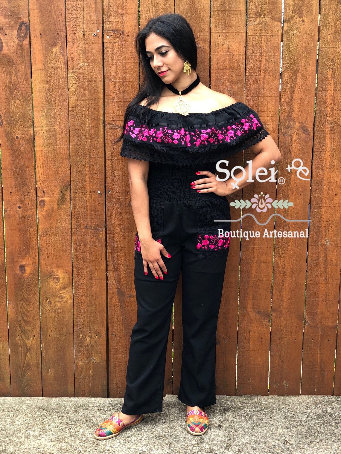 Mexican Floral Jumpsuit. Lace Trim Off the Shoulder Jumpsuit. Etsy