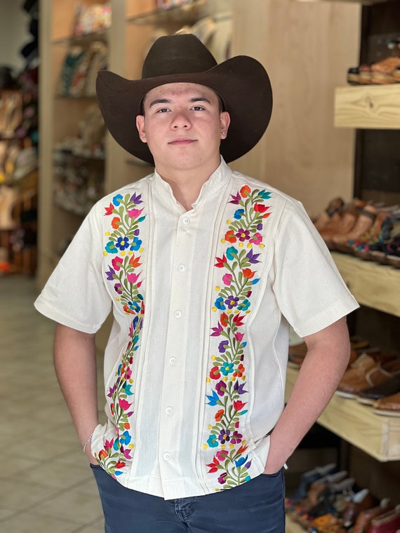 Mens Mexican Traditional Shirt. Floral Embroidered Guayabera