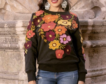 Mexican Floral Embroidered Crew Neck. Floral Sweatshirt. Boho Chic Style. Mexican Sweatshirt. Ethnic Clothing. Artisanal Mexican Pullover.