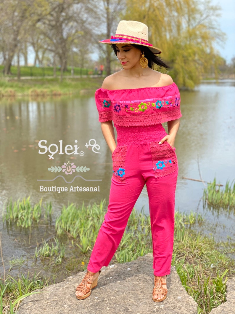 Mexican Floral Jumpsuit. Lace Trim Off the Shoulder Jumpsuit. Etsy