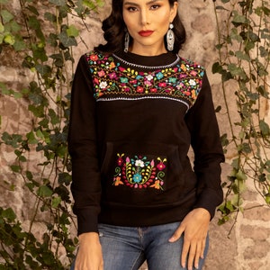 Mexican Hand Embroidered Sweatshirt. Size S-2X. Ethnic Boho Hippie Style. Latina Fall Winter Style. Mexican Floral Sweatshirt. Plus Size.