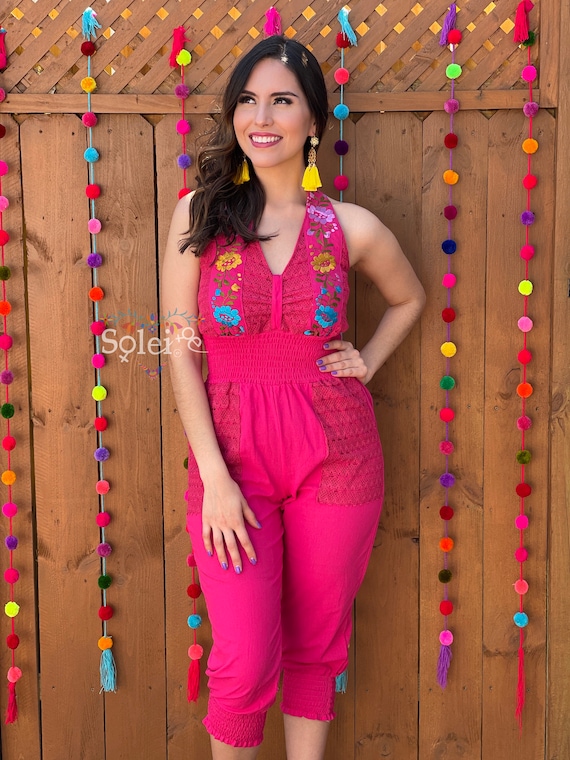 Mexican Floral Jumpsuit. Floral Embroidered Jumpsuit. Lace Trim off the  Shoulder Jumpsuit.traditional Mexican Jumpsuit.jumpsuit With Pockets -   Hong Kong