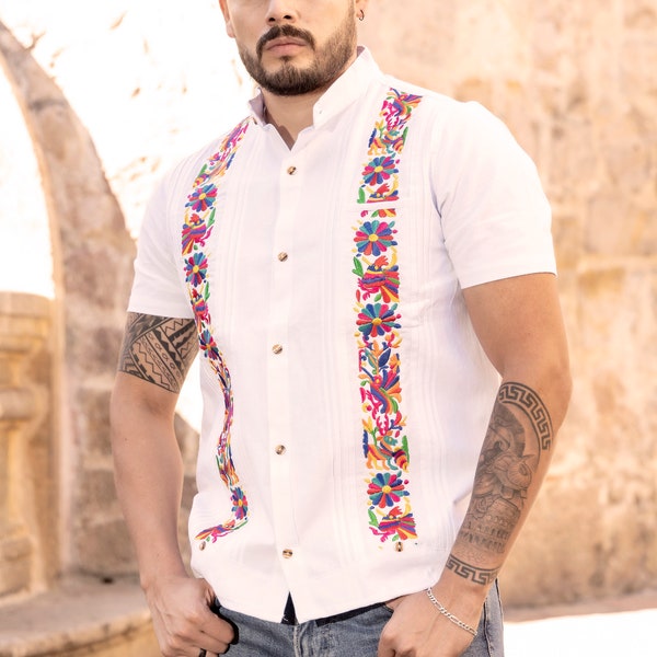 Mens Mexican Traditional Shirt. Floral Embroidered Guayabera for Men. Formal Button Up Shirt. Traditional Style Shirt. Gift for Him.