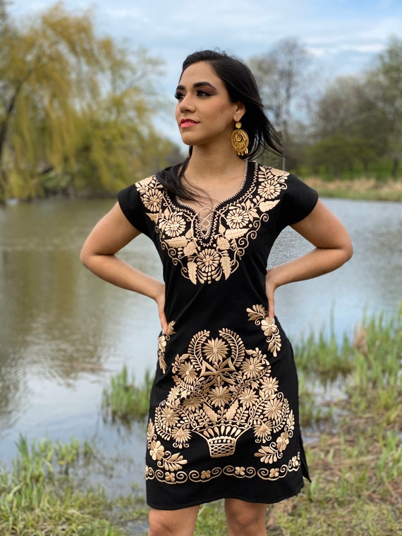 black and gold embroidered dress